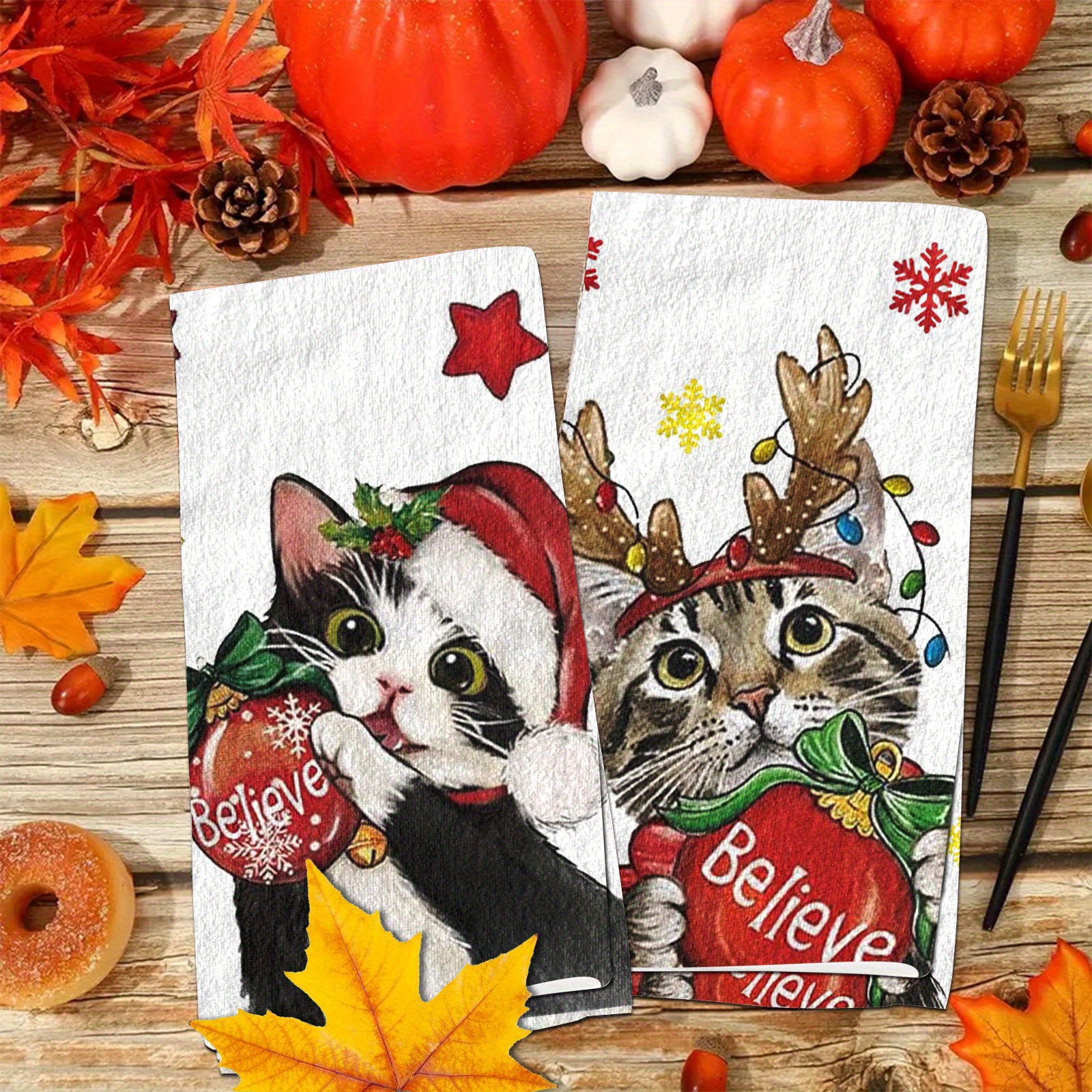 

2pcs '' Cat Christmas Kitchen Towels - Ultra Absorbent, Quick-dry Polyester Dish Cloths For Cooking & Baking, Vintage Decor, 27.2x18.4 Inches