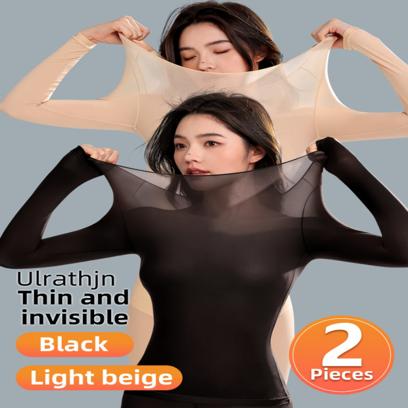 

Lot de 2 hauts thermiques ultra-fins pour femmes - Haute élasticité, couleur unie, tissu tricoté, manches longues, col rond, sous-vêtements en nylon pour et l'hiver