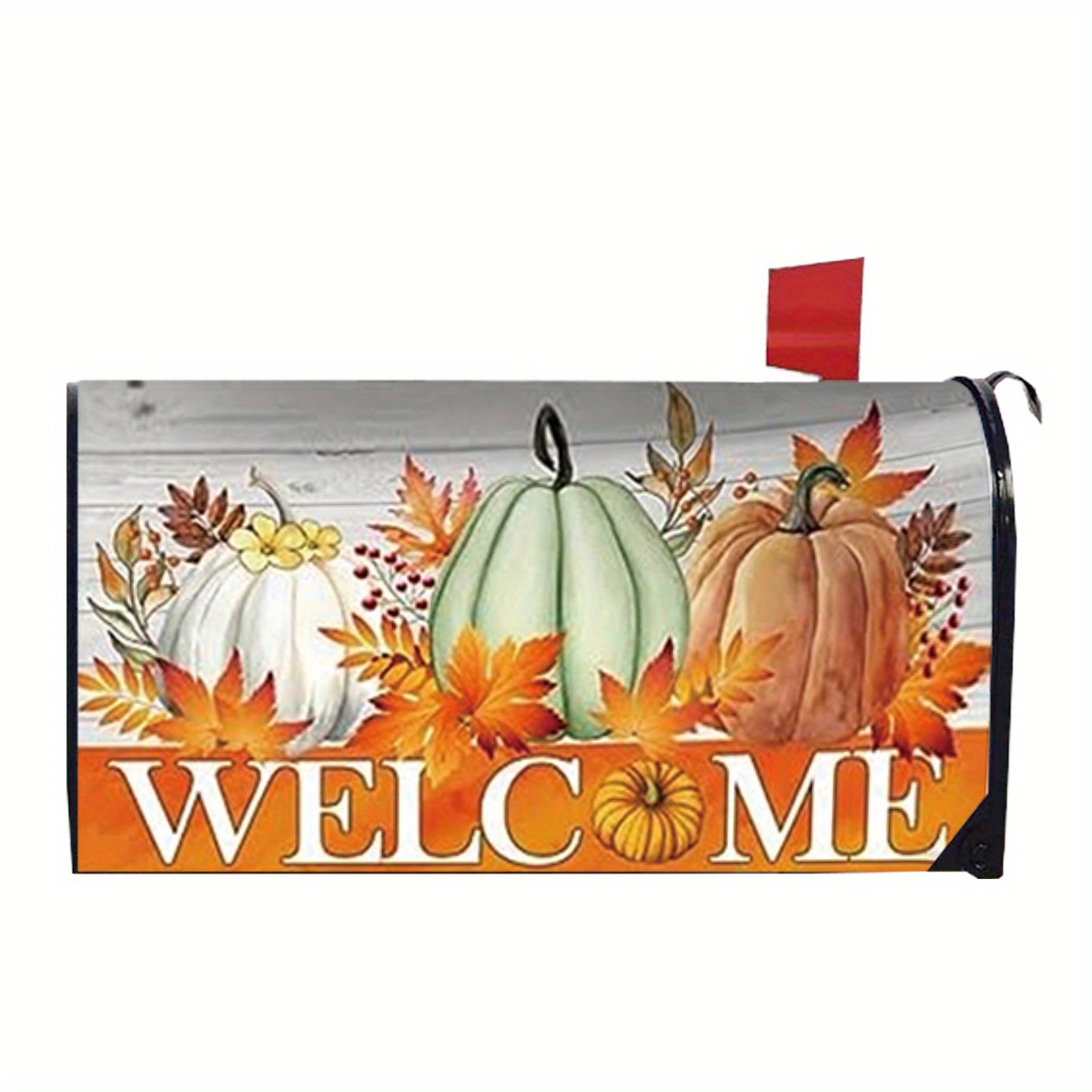 

Polyester Mailbox Cover With Magnetic Attachment - Fall Theme Mailbox Wrap With Pumpkins & Leaves, Welcome Message, Decorative Weatherproof Garden Accessory, 21x18 Inch - 1pc