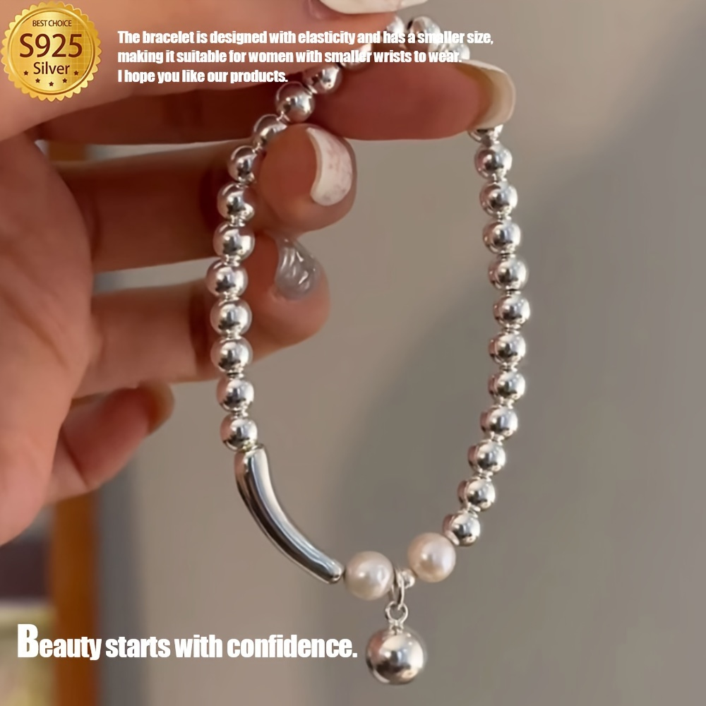 

925 Sterling Silver Bracelet With Shell Pearl Accents, Luxury & Minimalist Style, Unique Personalized Design, Trendy Statement Piece