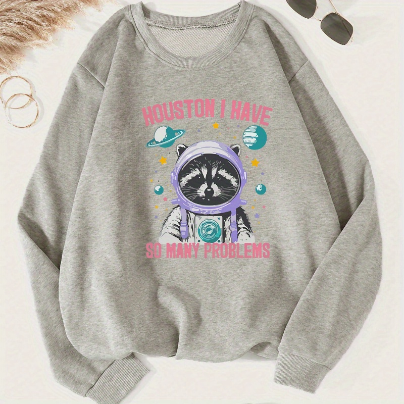 

I Have So Many Problems Graphic Sweatshirt For Women - Casual Polyester Hoodie With Raccoon In , Knit Fabric, Round Neck, Comfort