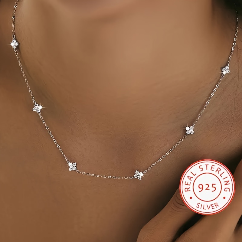 TEMU Chic And Beautiful 925 Sterling Silver Necklace Weighing 2.7g, Featuring A Clover Design With Zirconia, Wear