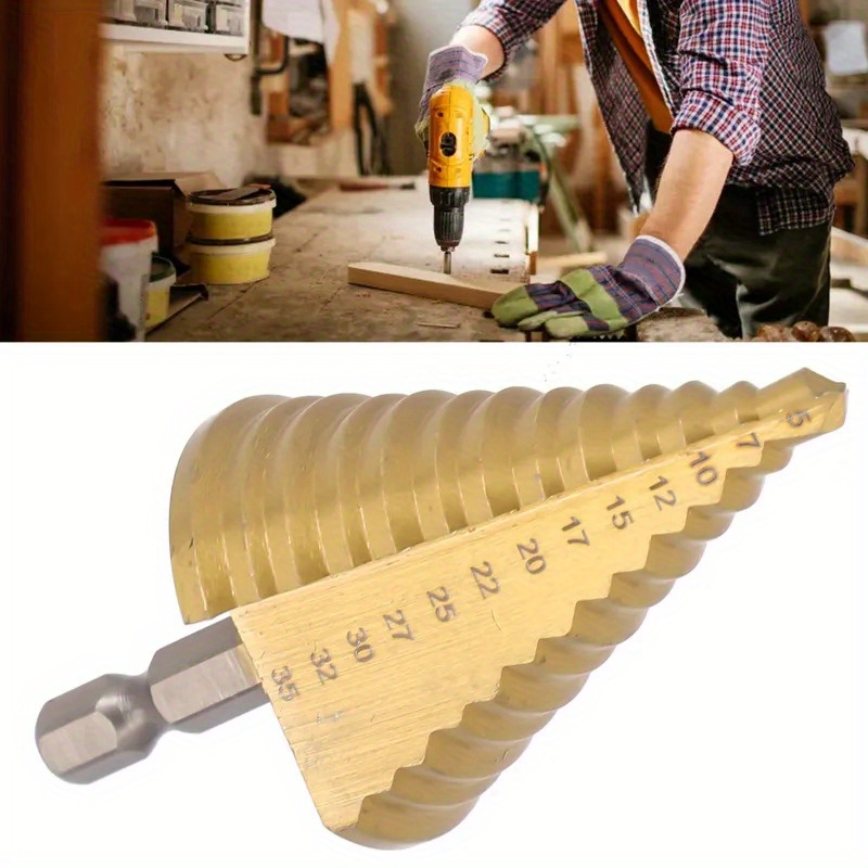 

13-step Titanium Coated Hss Step Drill Bit, 5-35mm Cone Shank, Left Hand Spiral Flute, Hex Shank, Iron Material, Wood & Metal Hole Cutter