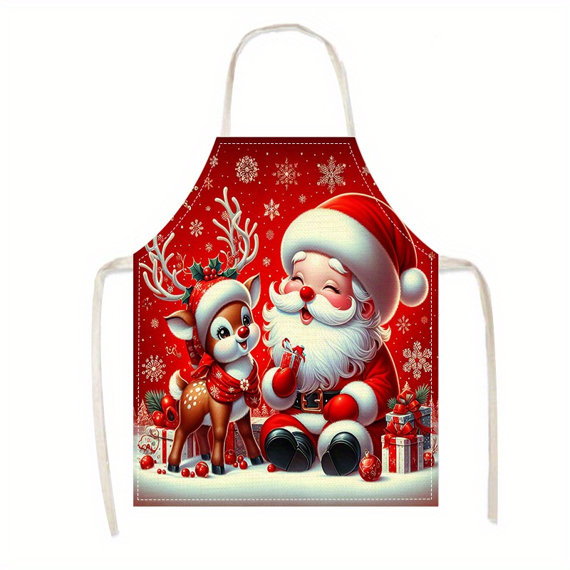 

1pc Unisex Christmas Themed Kitchen Apron, Woven Linen 100%, Oil-proof, Ideal For Cooking, Baking, And Home Cleaning