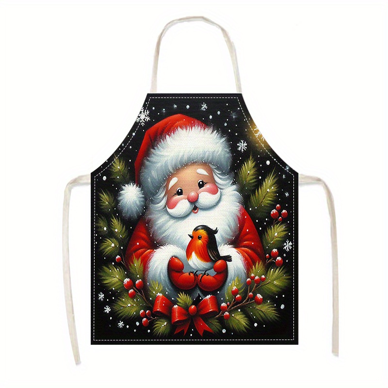 

1pc Unisex Christmas Theme Kitchen Apron, Oil-resistant, Linen 100% Woven Fabric, Ideal For Cooking, Baking, Home Cleaning - Festive Santa & Bird Design