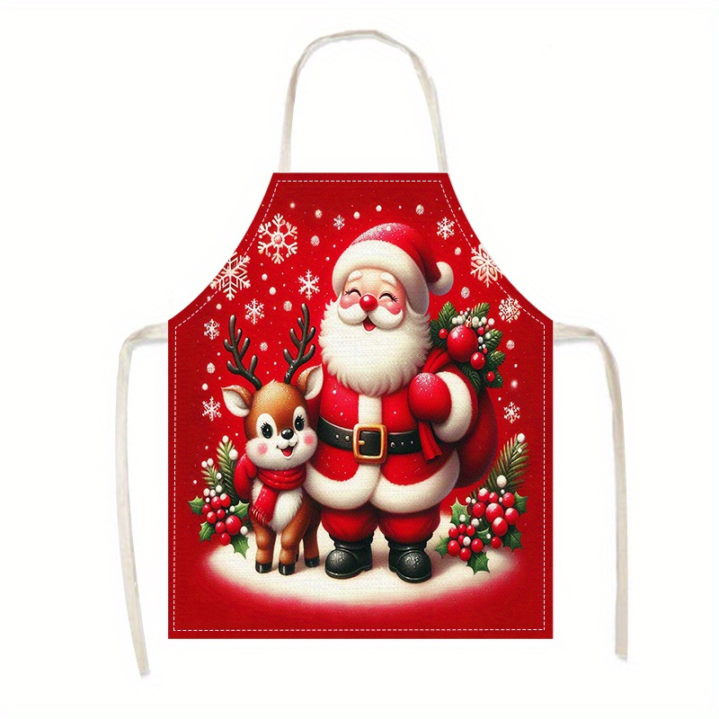 

Jit 1pc Unisex Kitchen Apron, Christmas Theme With Santa And Reindeer Design, Oil-proof, Linen 100% Woven Fabric, Perfect For Cooking, Baking, Home Cleaning