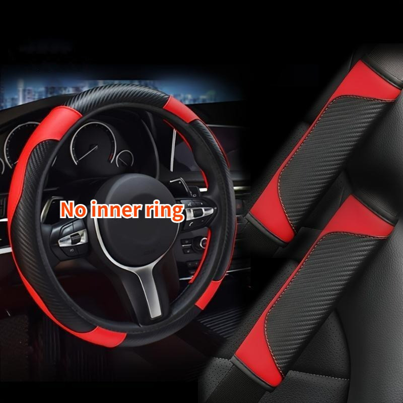 

3pcs/ Set Pu Leather Car Steering Wheel Cover With Carbon Fiber Pattern & Shoulder Pads Set