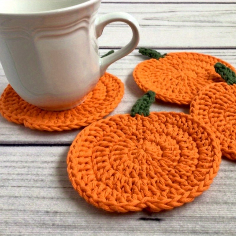 

Autumn Crochet Pumpkin Coasters - Set Of 4, Fabric Handmade Drink Pads, Fall Farmhouse Decoration, Thanksgiving Table Accessory, Kitchen Gift.