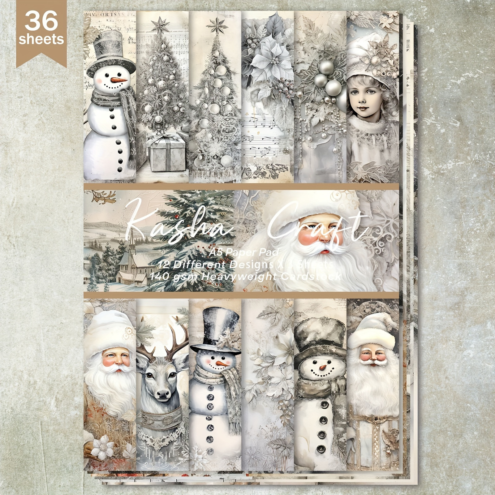 

36 Feuilles de Papier de Scrapbooking de Noël Vintage, Taille A5, Fond Gris Assorti avec Père Noël, Bonhomme de Neige et Thèmes de Fête pour Journaling Bullet, Cartes de Vœux, Albums et Arts Manuels