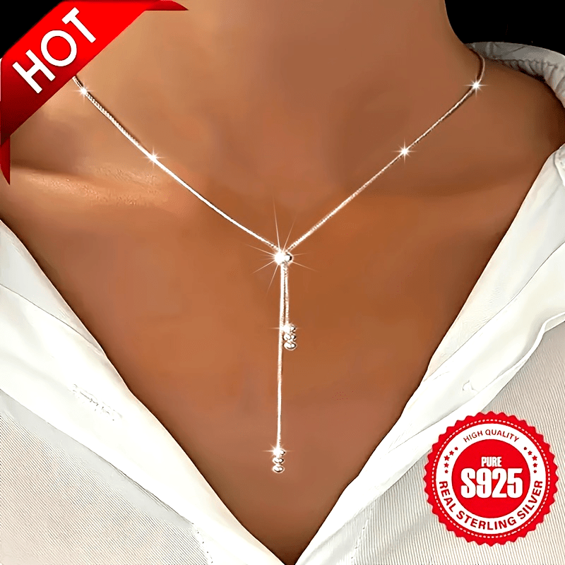 

A Y-shaped Necklace 925 Sterling Silver, Suitable For Ladies, With Adjustable Bead Slider, Simple And , Silver-plated, Hypoallergenic, Suitable For All , And Vacation, A Perfect Christmas Gift