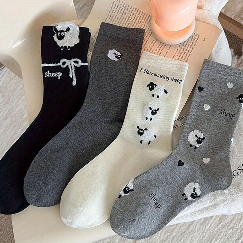 1/4 Pairs Teenager's Autumn Flocked Cute Cartoon Sheep Pattern Socks, Korean Style Mid-calf Socks, For Teenager