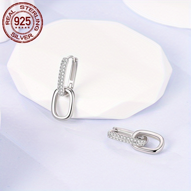 925 Silver Hoop Earrings 2.2g U-Shaped Double Loop Zirconia