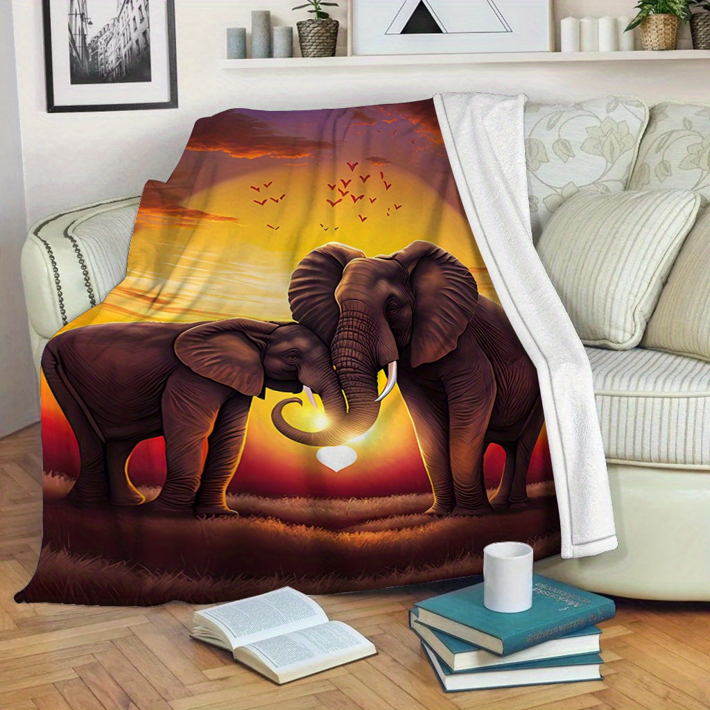 TEMU For : 2 Elephants At Sunset Plush Blanket - , Warm For , Suitable For Travel, Camping, Office , And Bedroom Sofa Covers