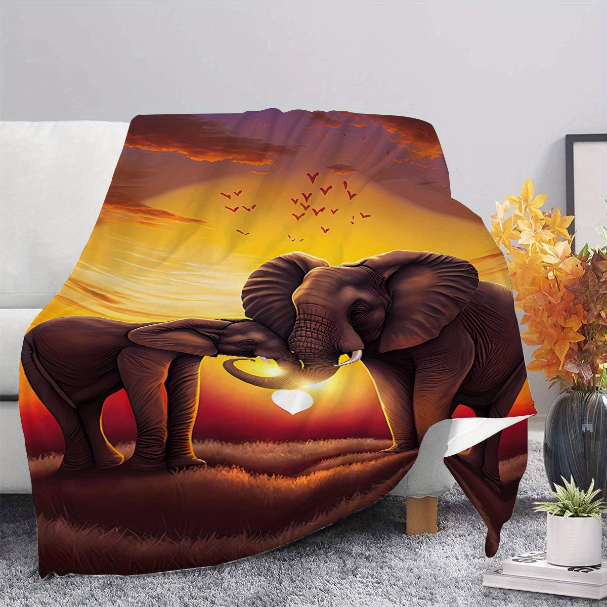 TEMU parfait pour toutes : Couverture en peluche éléphants au coucher - Ultra-douce, chaude pour toutes , adaptée pour les , le camping, les siestes