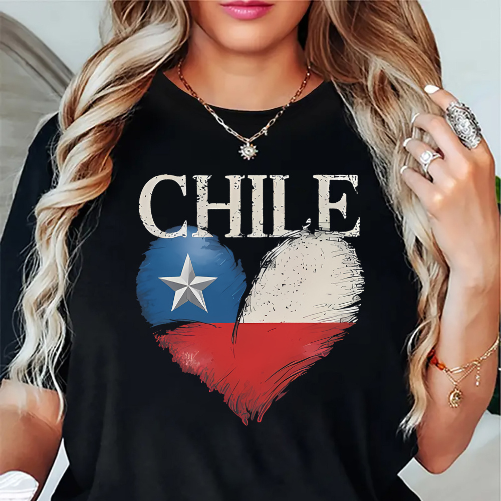 

Chile Flag Heart Print T-shirt For Women - Casual Polyester Knit Fabric, All-season Comfort, Round Neck, Short Sleeve, Stretchable, No Detail - Patriotic Summer Top