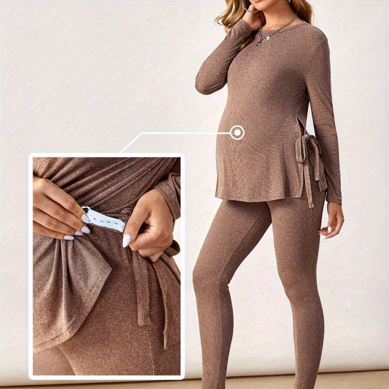 

Vintage-inspired Maternity Casual Sportswear Set - Long Sleeve Top & Pants, Stretchy Polyester , Machine Washable - Fall/winter