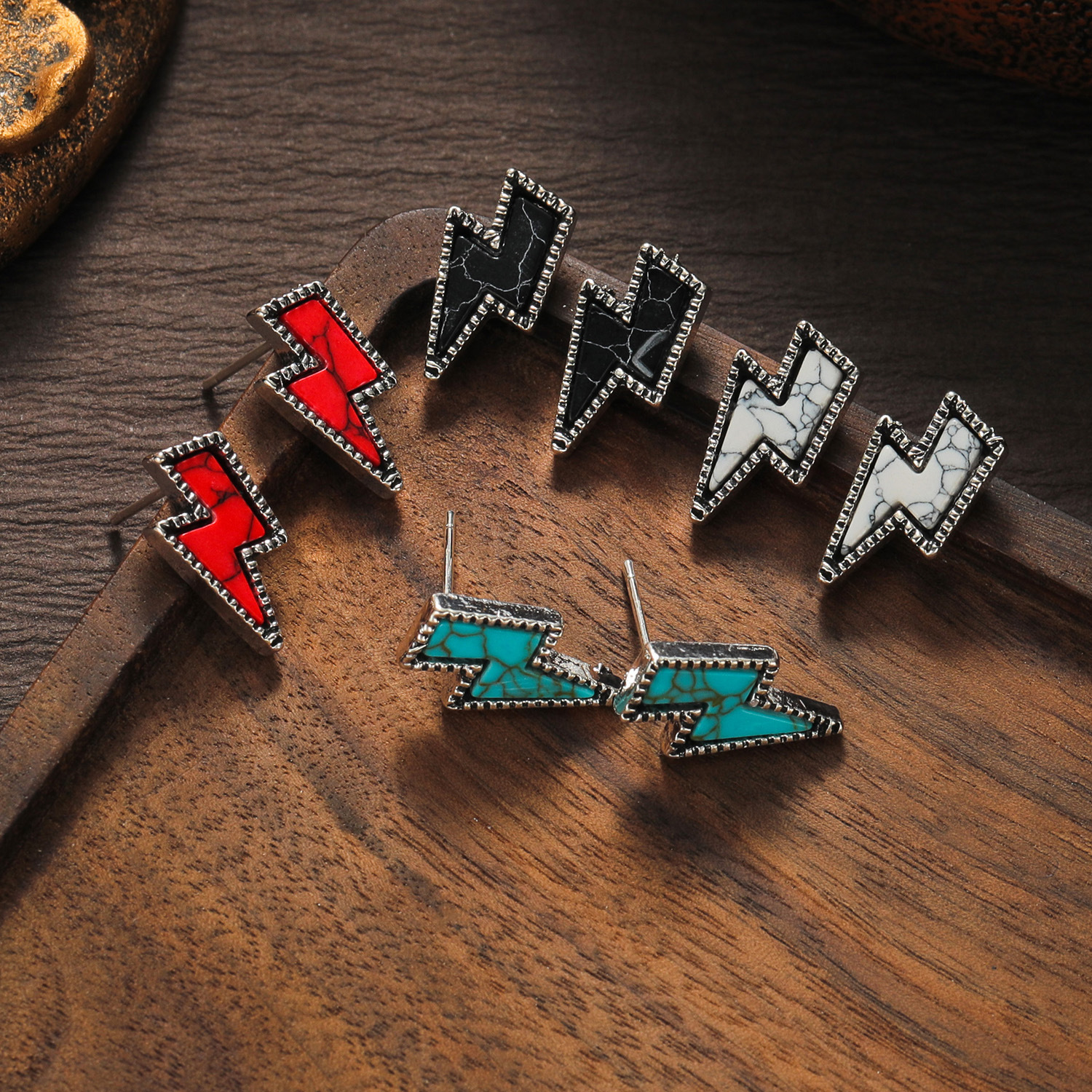 

1psfashion Personality Style Turquoise Alloy Lightning Stud Earrings Card 4-piece Set Suitable For Ladies And Girls Vacation Commuter Party