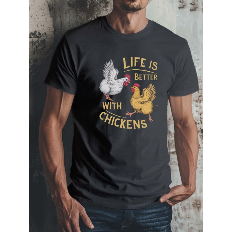 

Humor With Chickens Print Tee Shirt, Tees For Men, Casual Short Sleeve T-shirt For Summer