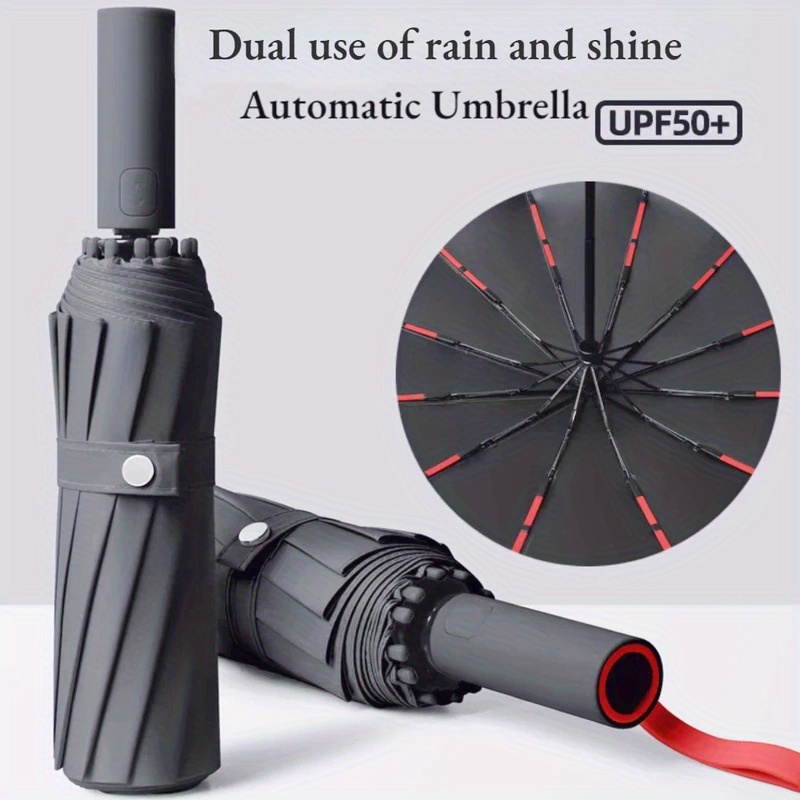 

Windproof Automatic Folding Umbrella, Upf50+ Uv Protection, 12-rib Steel Structure, 210t Pongee Fabric, Quick Open & Close, Portable Minimalist Casual Style For Men & Women