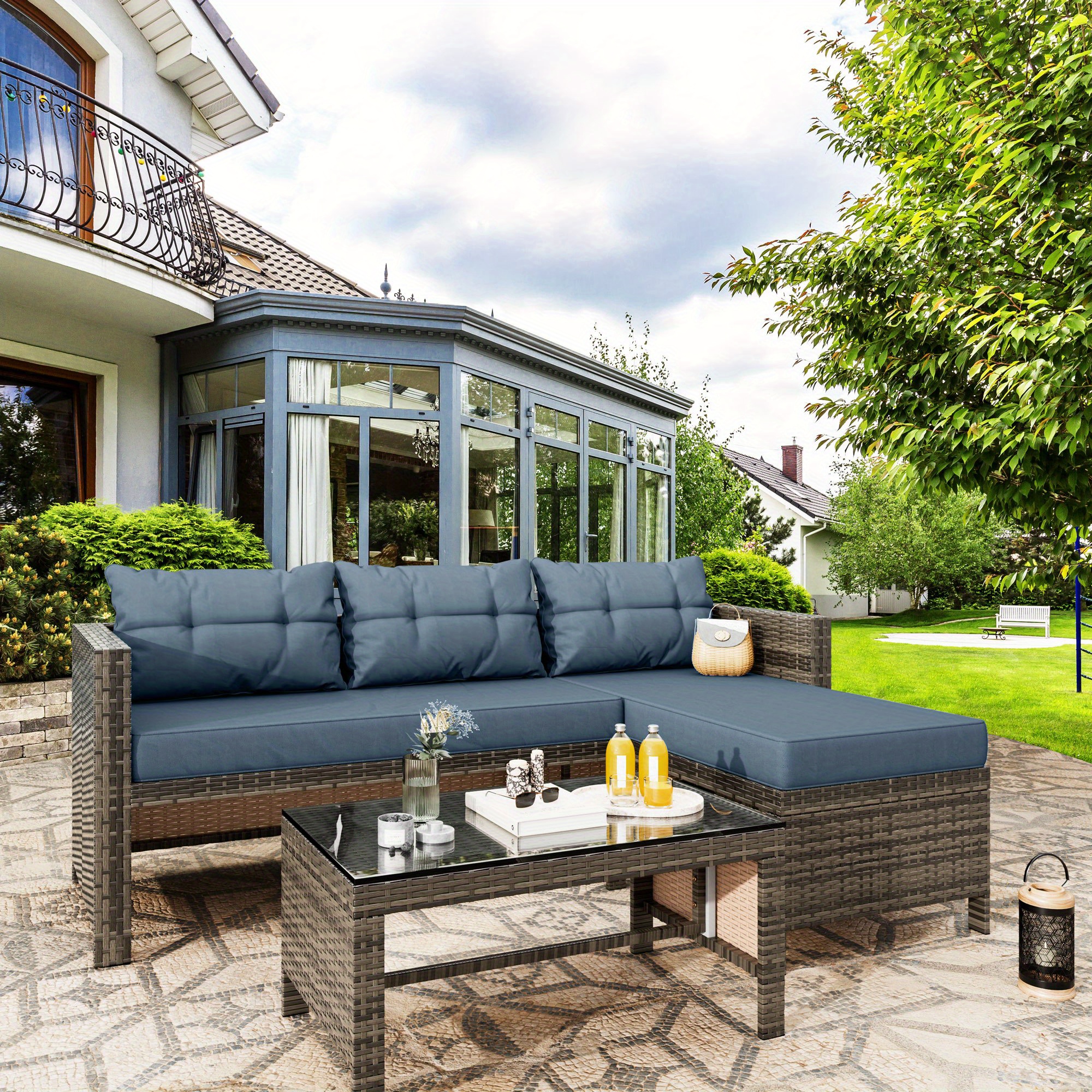 TEMU Outdoor Furniture Set 3, Pieces Wicker Patio Furniture, Outdoor Sectional Patio Couch Outdoor Coffee Table With Storage Cushions Waterproof