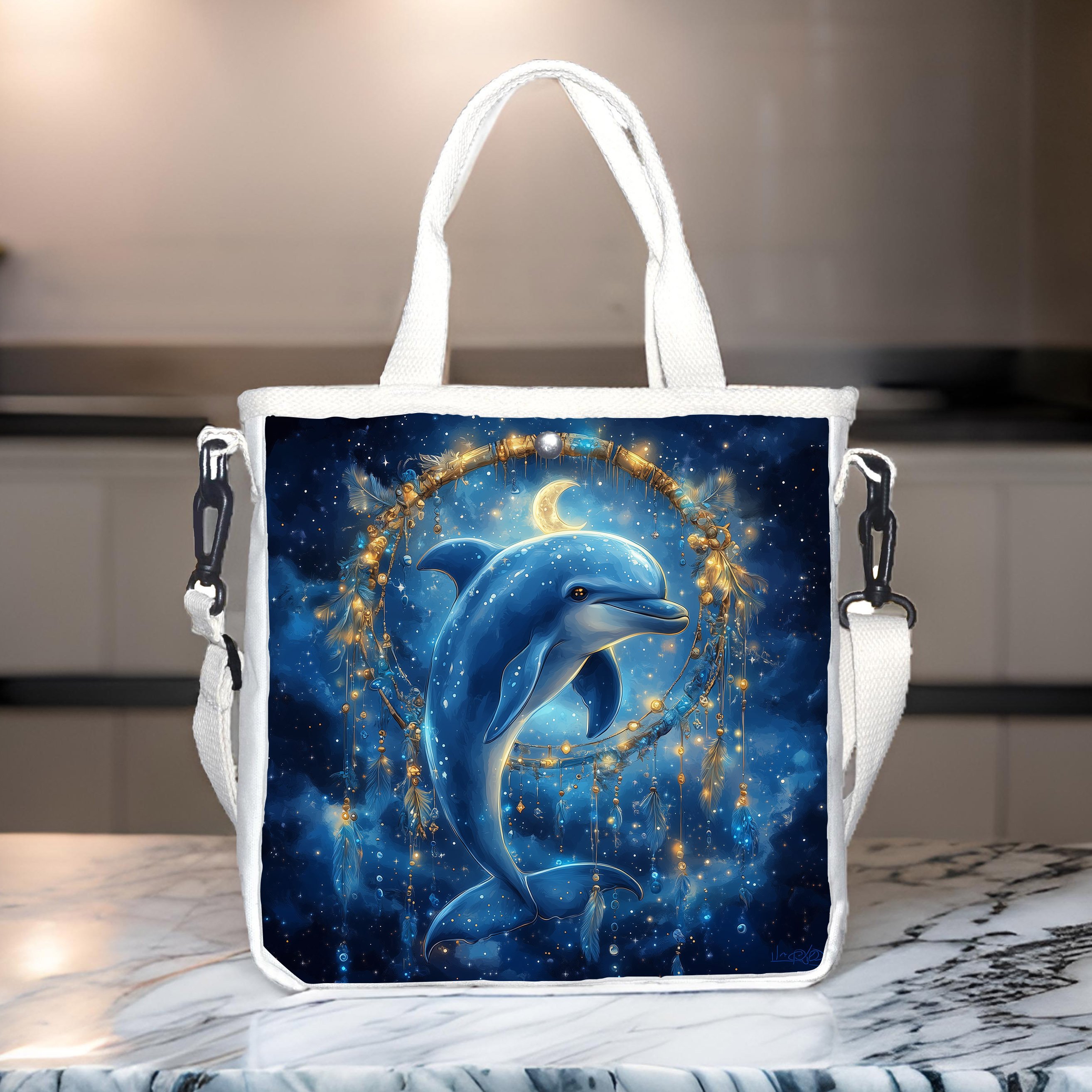 

Dolphin & Starry Night Design Canvas Tote Bag - Lightweight, Adjustable Strap, Button Closure | Handbag For Daily , Beach, And Travel