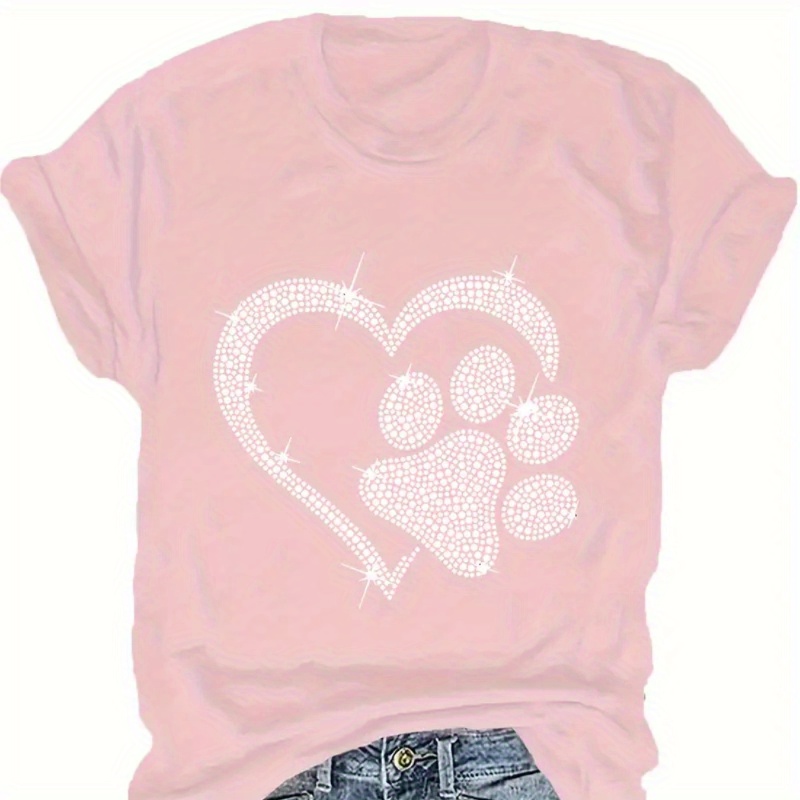 

Heart Paw Pattern T-shirt, Short Sleeve Crew Neck Casual Top For Summer & Spring, Women's Clothing