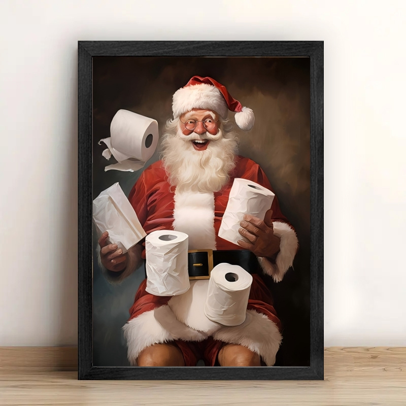 

1pc Black , Santa Bathroom Art Wood Frame Canvas Prints Poster, Ready To Hang, Birthday Party Decor, Day New Year Halloween Christmas Easter Gift, Room Office Wall Decor, Perfect Gift And Home Decor