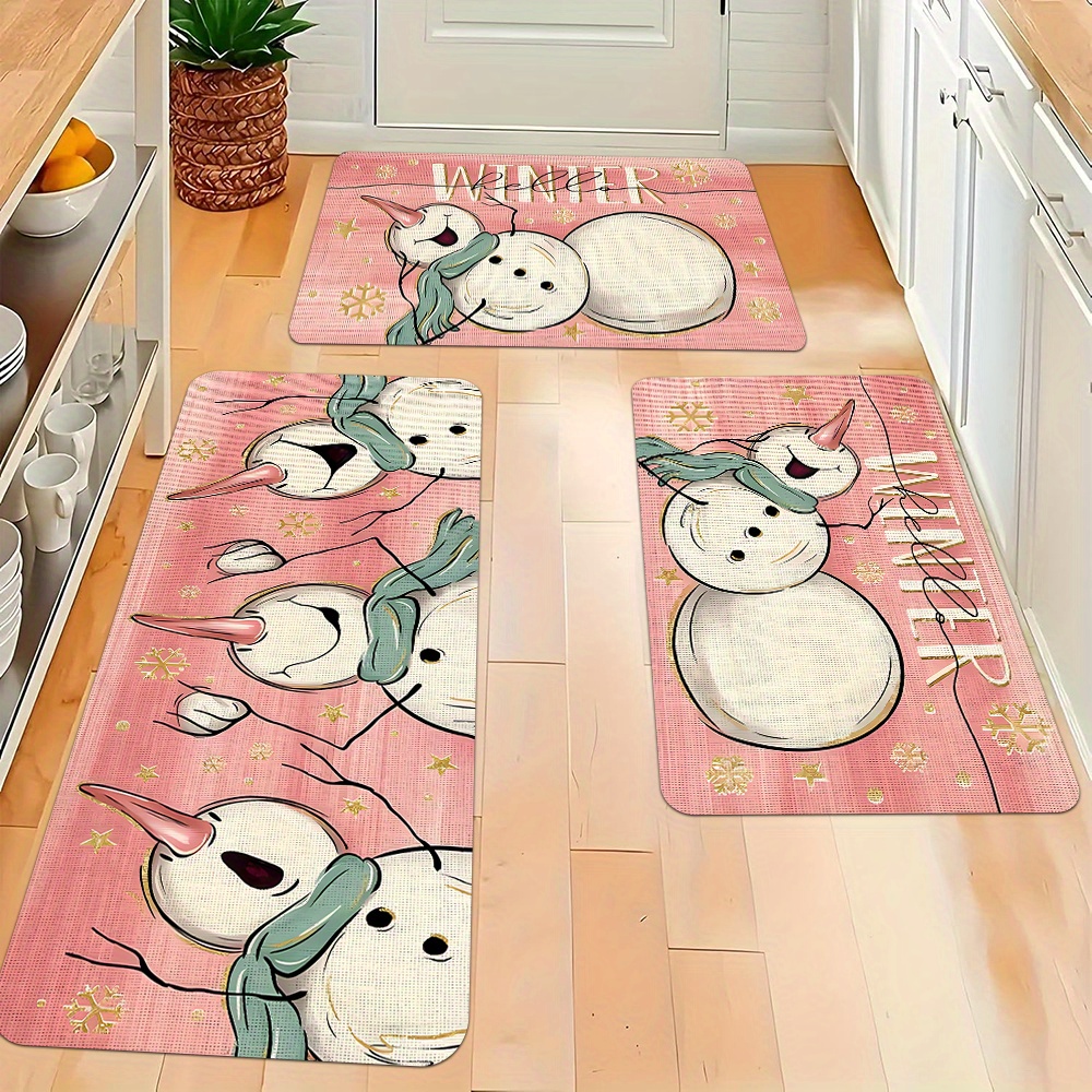 

Pink Christmas Snowman Kitchen Mat Set, 2/3pcs - Soft, Non-slip & Machine Washable Carpets For Holiday Home Decor, Perfect For Bedrooms, Living Rooms, And Bathrooms