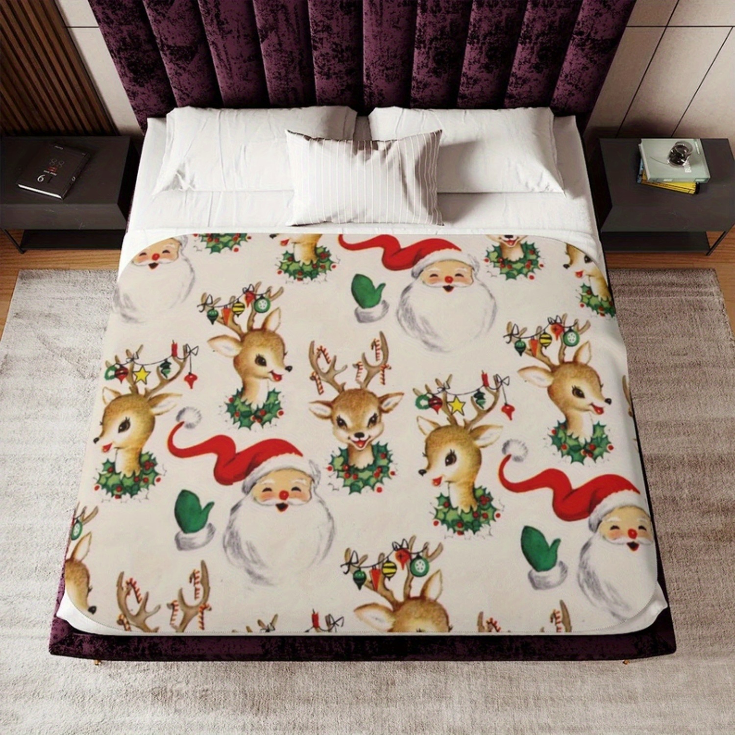 

Sherpa Blanket: Mid-century Christmas Reindeer And Santa/ Reverse Is Solid Sherpa Fleece. Holiday Decor. 2 Sizes.