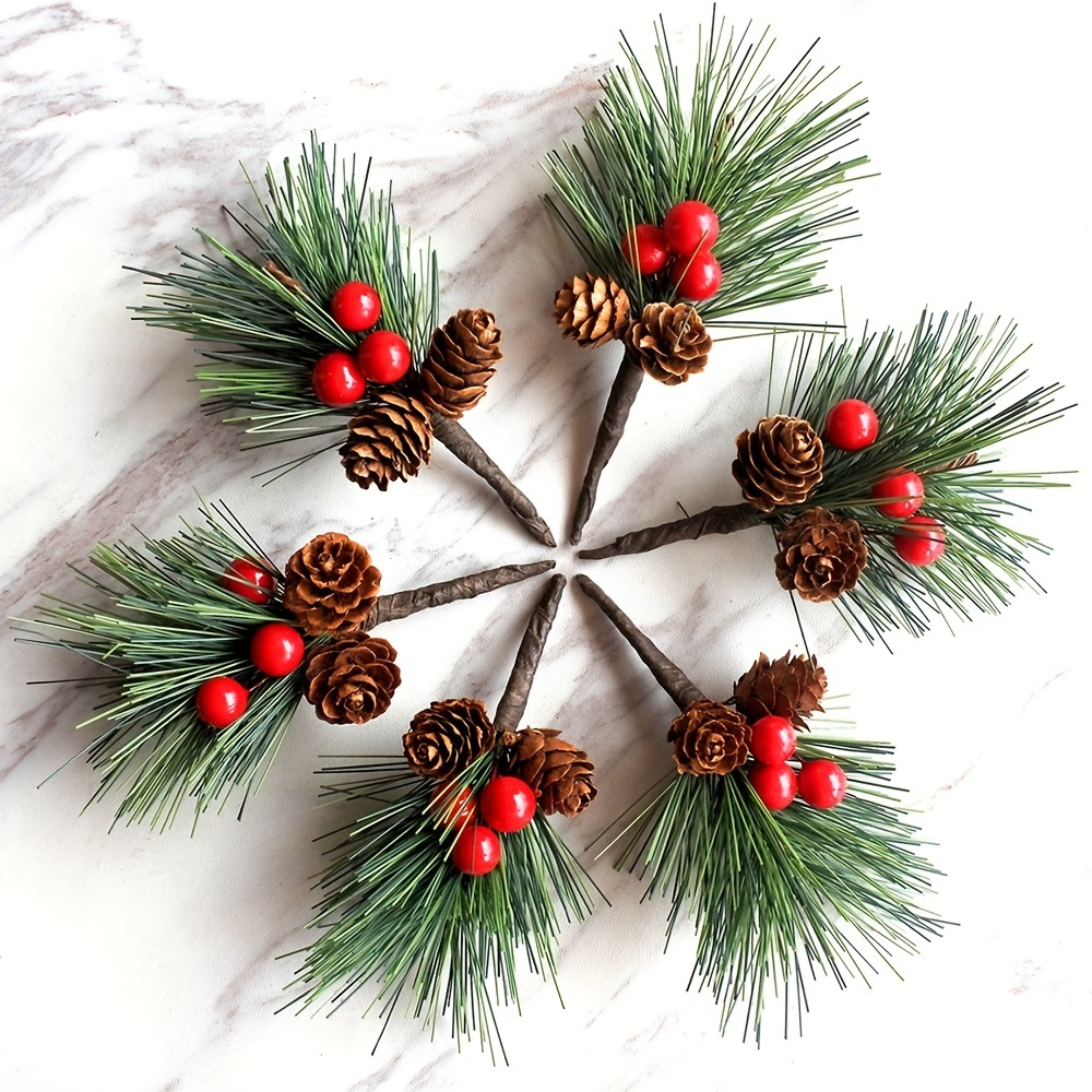 

15pcs Artificial Pine Needle Christmas Tree Accents, Festive Greenery With Red Berries, Plastic Floral Decor For Indoor & Outdoor Holiday Party, Craft Supplies For Diy Wreaths & Garlands