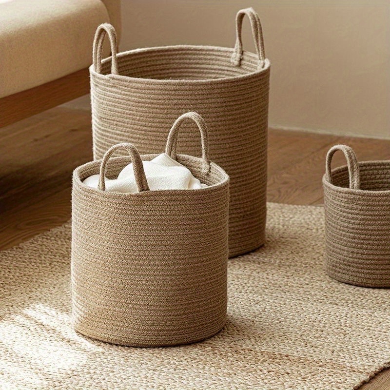 

Rustic Cotton Rope Laundry Basket With Handles, Round Woven Clothes Hamper For Room Types, Foldable Storage Organizer For Clothes And Stuffed Toys