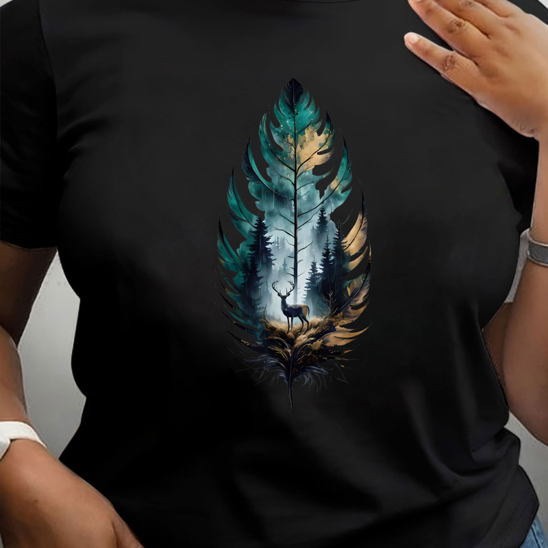 

Plus Size Forest Deer Print Crew Neck T-shirt, Casual Short Sleeve T-shirt For Spring & Summer, Women's Plus Size Clothing