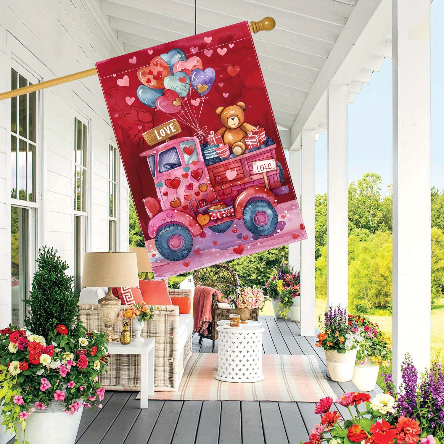 

Valentine's Day Red Truck & Heart Balloons Double-sided Polyester Garden Flag - 28x40 Inches Outdoor Lawn Decoration, No Electricity Needed - Pack Of 1