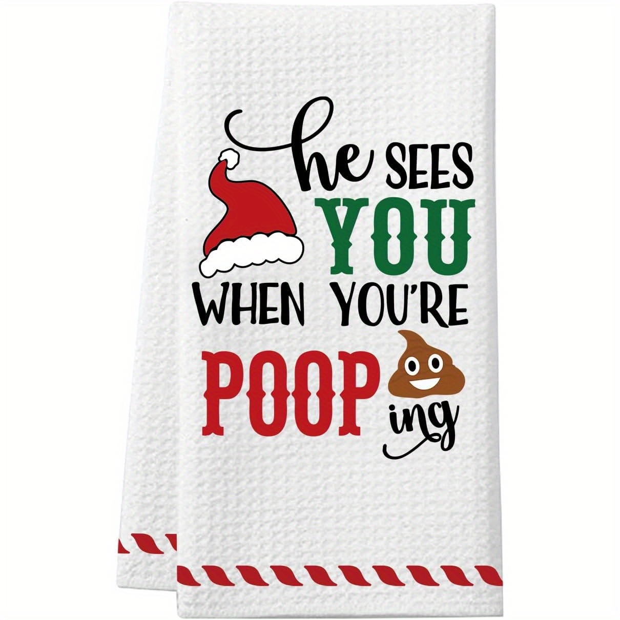 

Funny 'he Sees You When You're Pooping' Hand Towel - Christmas & Thanksgiving, Machine Washable Polyester, Cartoon Striped Design, & Bathroom Decor Gift