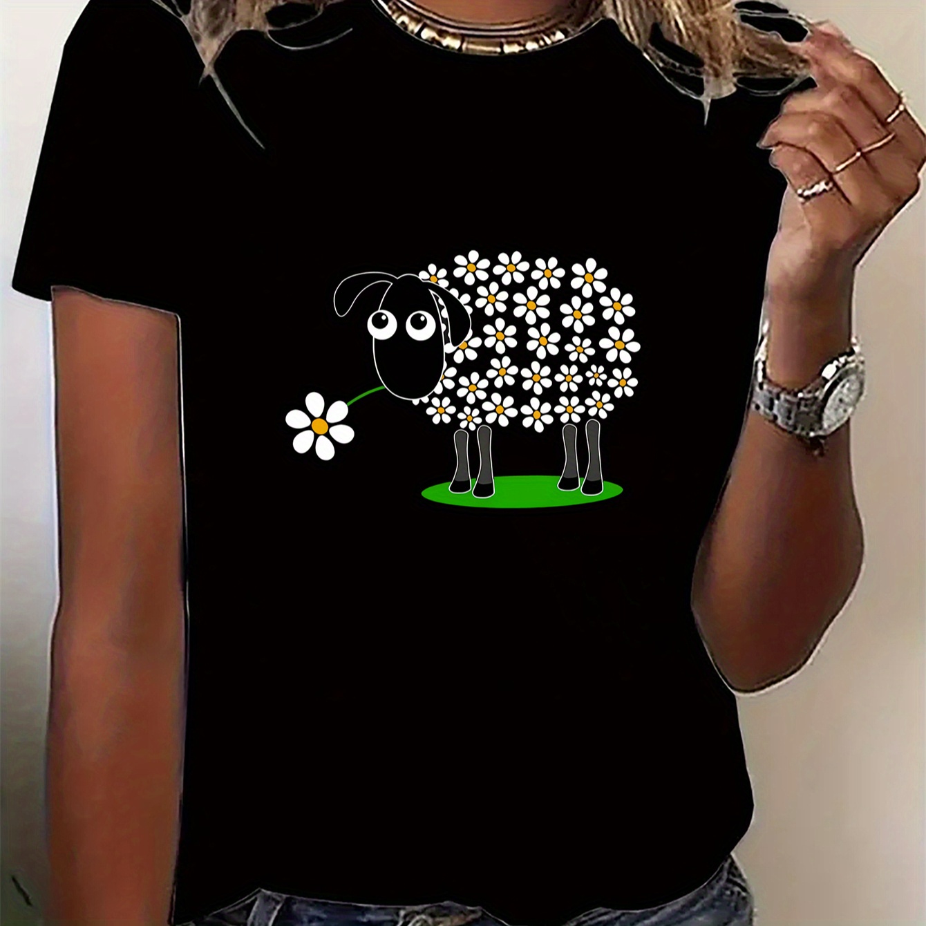 

Women's Cute Cartoon Sheep Graphic T-shirt - Black, Round Neck, Short Sleeve, Stretchy Polyester Activewear Top With Daisy Accents, Machine Washable