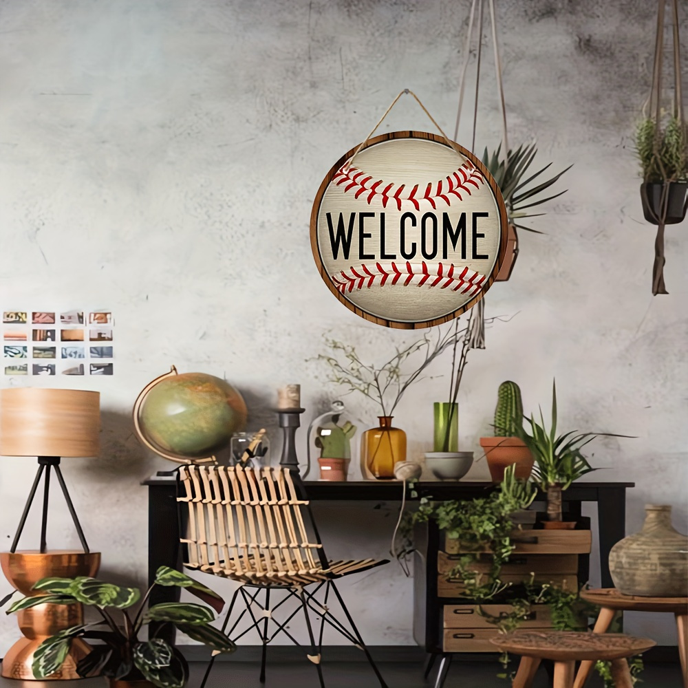 

Baseball Themed Welcome Sign - Rustic Wooden Round Door Hanger With Greenery Accent | Wall Mount | Multipurpose Use | 9-inch Diameter | Ideal For Home, Cafe, Bar, Garage | No Electricity Needed