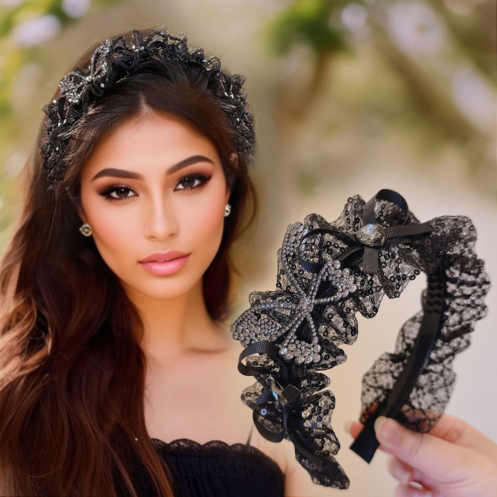 Elegant Black Hair Tie with Crystal Accent Crystal Hair Tie, Sparkling Rhinestone Trim Edge Décor Soft  main image 3