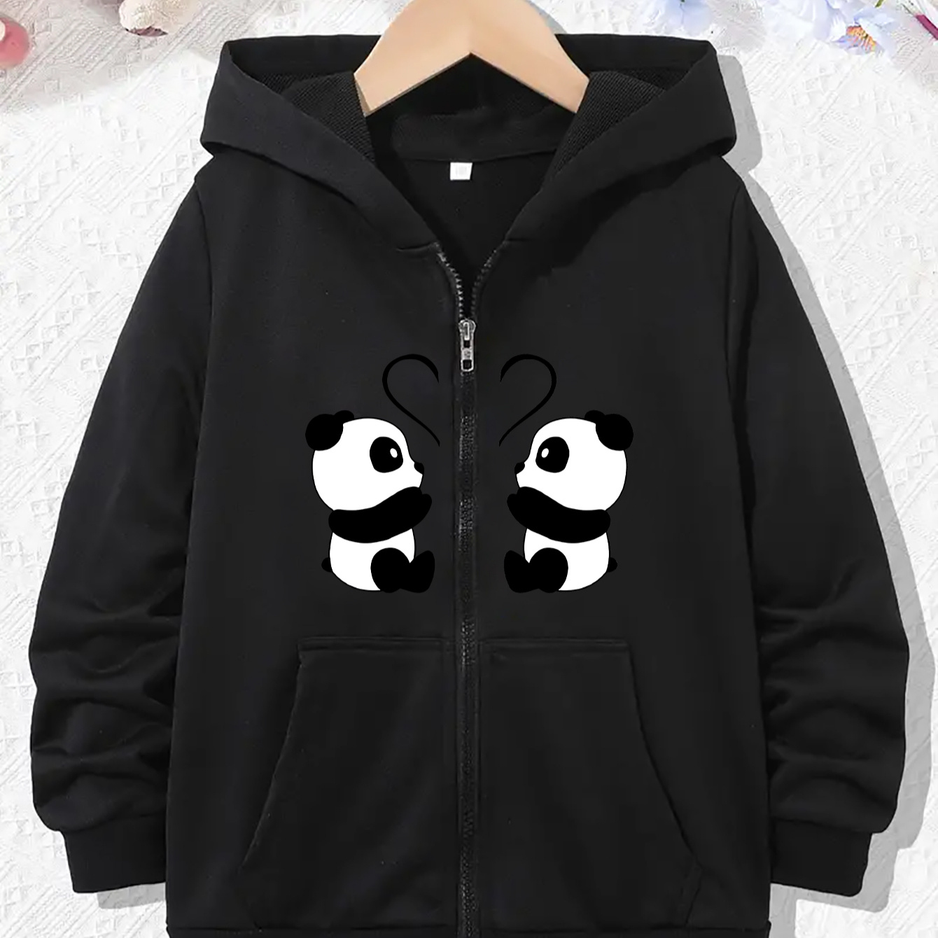 

Panda & Heart Print, Ladies Casual Jacket Zipper Hoodie, Loose Sports Hoodie Coat With Pocket