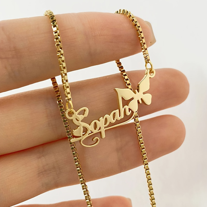 TEMU Elegant Custom Name Necklace With Butterfly Charm - 18k Golden Plated Stainless Steel, Parties & Gifts