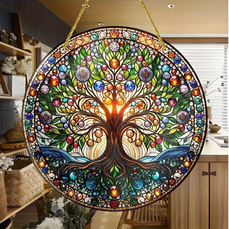 

Tree Of Life Colorful Glass Wall Art - 8" Diameter, Easy-hang Pre-drilled Design, Smooth Finish For Indoor/outdoor Decor, Perfect Gift For Birthdays &