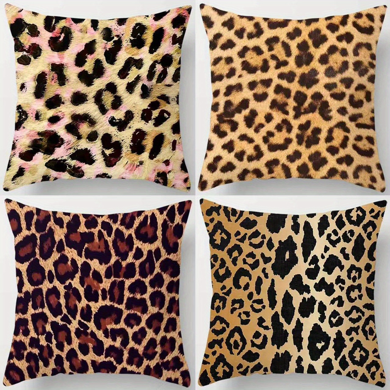 

4-pack Leopard Print African Animal Cushion Covers, Square Throw Pillow Cases, Contemporary Style, Linen Fabric, Zipper Closure, Home & Bedroom Decor, Party Decor, Single-sided Print, Hand Wash Only