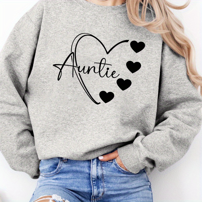 

Plus Size Auntie Heart Graphic Print Sweatshirt - 100% Polyester Knit Fabric, Casual Crew Neck Pullover With Rib-knit Details, Non-stretch, All-season Women's Clothing