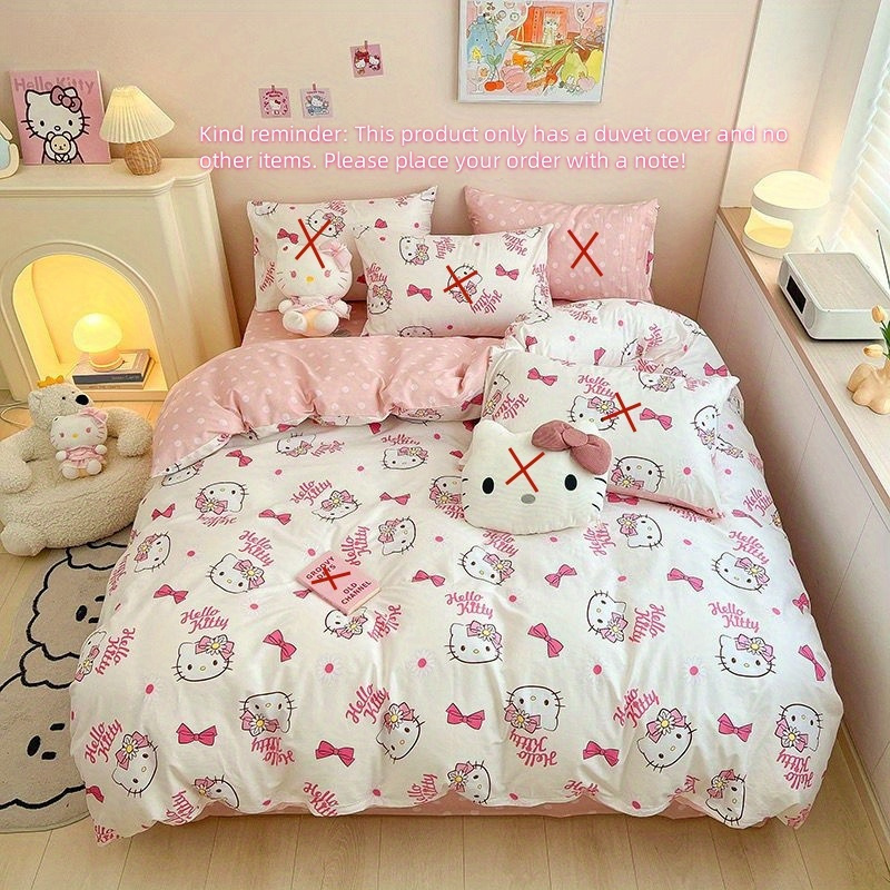 Image of Hello Kitty Pink Four-piece Set, Includes Quilt Cover, Bed Sheet, Pillowcase Cartoon Design, Soft Polyester, Tear-resistant, Embroidered Detail, Perfect For & Gifts, Suitable For 150*200 Quilt Core