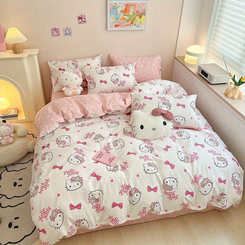 

Hello Kitty Pink Four-piece Set, Includes Quilt Cover, Bed Sheet, Pillowcase Cartoon Design, Soft Polyester, Tear-resistant, Embroidered Detail, All & Gifts, Suitable For 150*200 Quilt Core