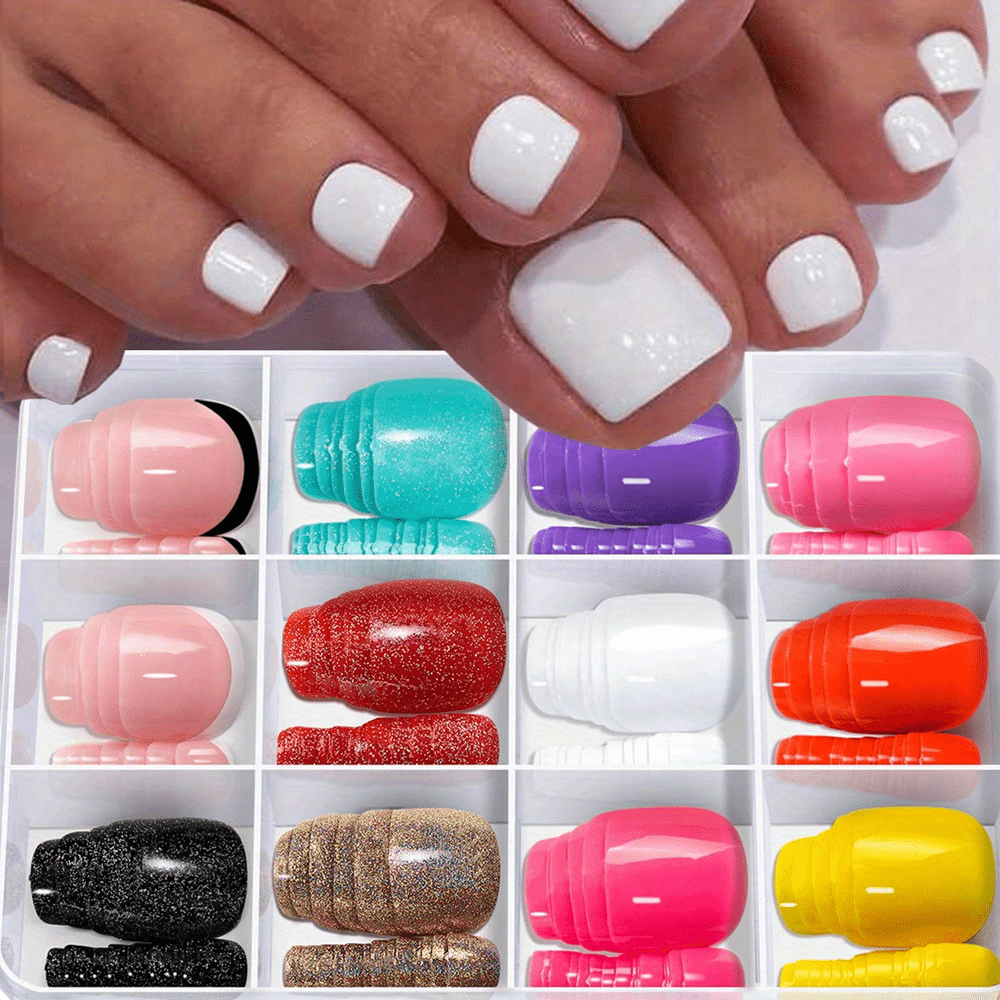 

288pcs Short Square Press-on Toenails Set - Glossy Finish, Pure Color & Glitter Variety, Full Cover False Nail Tips For Feet, 12 Colors Transparent Fake Toe Nails Kit