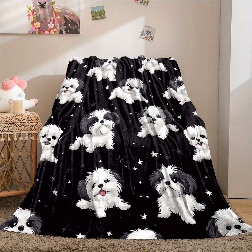 

Cozy Mini Shih Tzu Print Flannel Car Nap Blanket - Soft Polyester Throw For Vehicle Interior Accessories