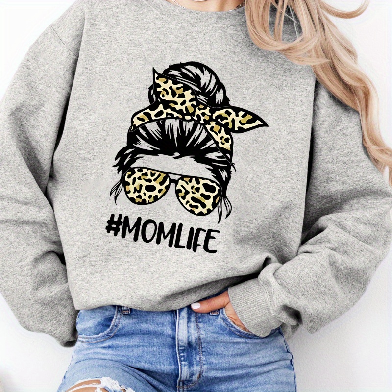 

Plus Size Cartoon Mom Life Graphic Print Sweatshirt - 100% Polyester Knit Fabric, Rib-knit Detail, Crew Neck Casual Pullover For Women - Non-stretch, All-season Style