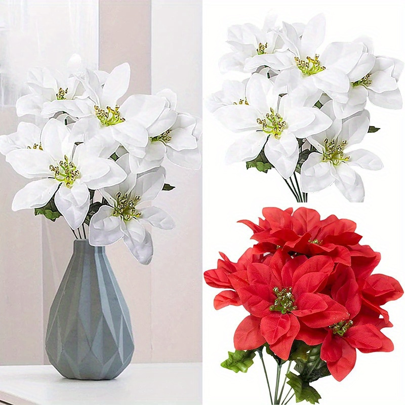 

1pcs Artificial Poinsettia Bouquet | 7-head Lifelike Plastic Poinsettia Flowers | Christmas Decor, Holiday Centerpieces & Home Floral Arrangements | Wedding Decor Without Vase