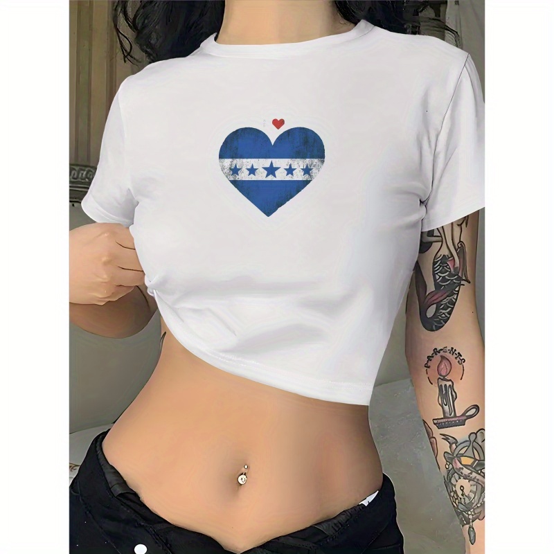 

Y2k-inspired Honduras Flag Heart Graphic Tee For Women - Stretchy Polyester & Spandex , Crew Neck, Short Sleeve, Machine Washable