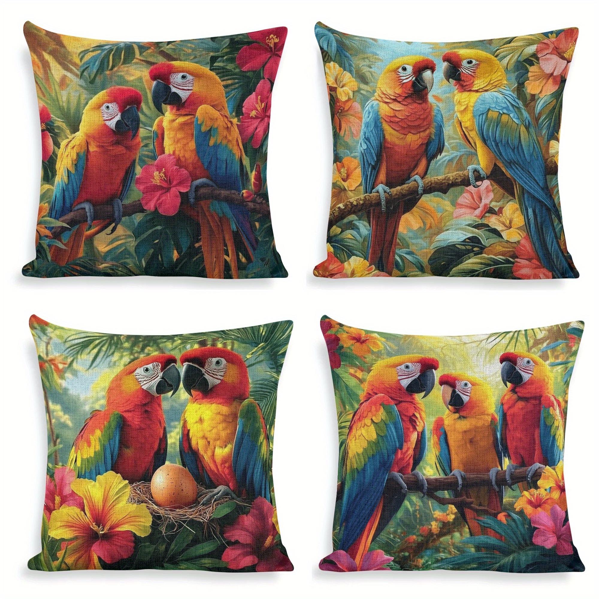 

4pcs Tropical Rainforest & Colorful Parrot Square Cushion Covers, 18x18 Inch - Double-sided Zippered Pillowcases For Home & Bedroom Decor (inserts Not Included)